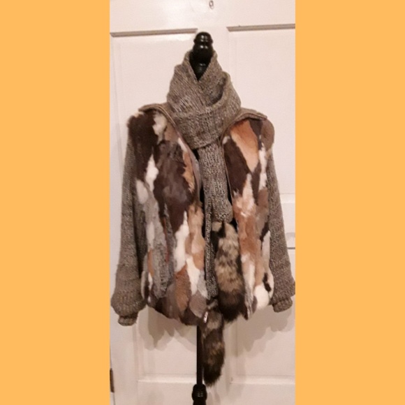 Jackets & Blazers - Vintage Rabbit Fur Coat with Knitted Scarf Size S